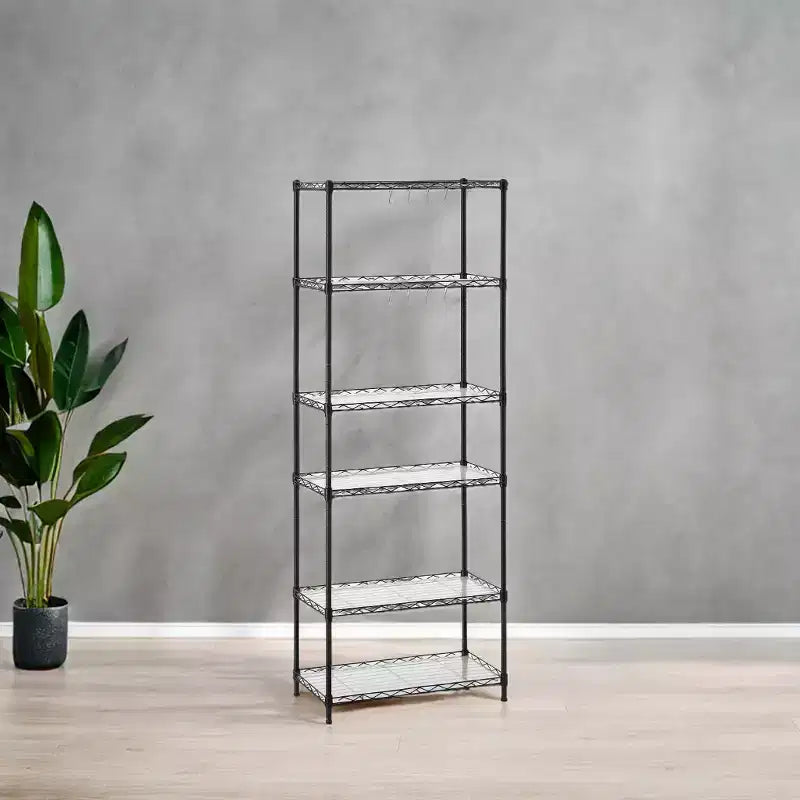 LEDREM Étagère métallique à 6 niveaux – Étagère de cuisine en métal avec étagères réglables, revêtements d'étagère, 8 crochets, 11,4 x 23,2 x 63 pouces, noir