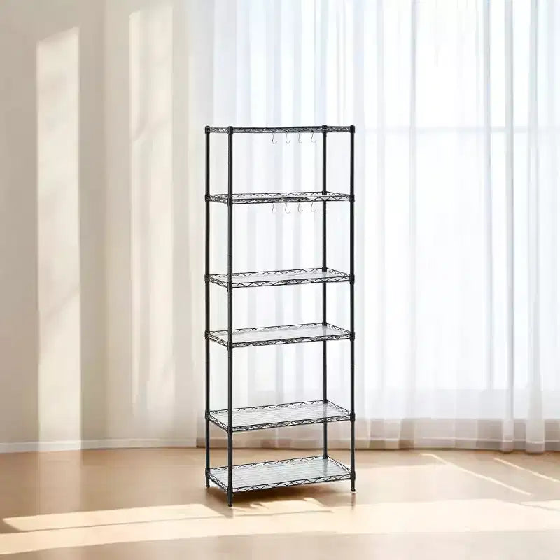 LEDREM Étagère métallique à 6 niveaux – Étagère de cuisine en métal avec étagères réglables, revêtements d'étagère, 8 crochets, 11,4 x 23,2 x 63 pouces, noir