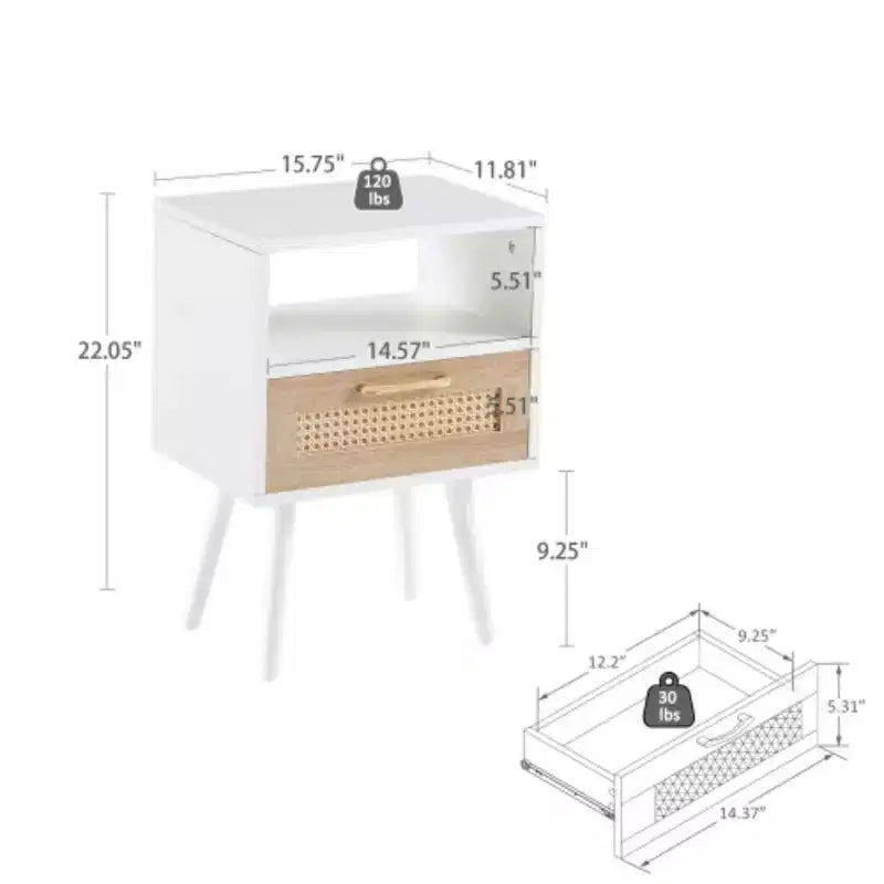 Table d'appoint en rotin de 15,75 po avec tiroir et pieds en bois massif, table de chevet moderne, bout de canapé pour salon, chambre, blanc