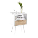 Table d'appoint en rotin de 15,75 po avec tiroir et pieds en bois massif, table de chevet moderne, bout de canapé pour salon, chambre, blanc