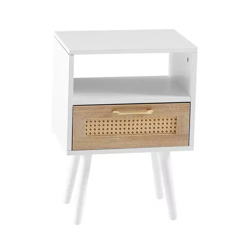 Table d'appoint en rotin de 15,75 po avec tiroir et pieds en bois massif, table de chevet moderne, bout de canapé pour salon, chambre, blanc