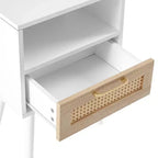 Table d'appoint en rotin de 15,75 po avec tiroir et pieds en bois massif, table de chevet moderne, bout de canapé pour salon, chambre, blanc