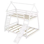 Lit superposé cabane double sur grand lit avec filets et rampe d'escalade, blanc
