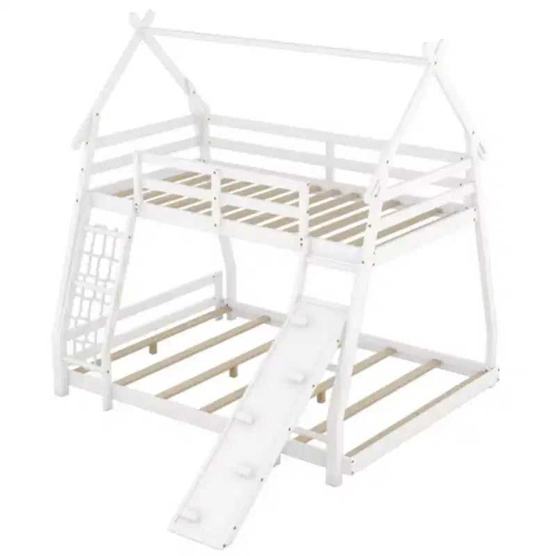 Lit superposé cabane double sur grand lit avec filets et rampe d'escalade, blanc