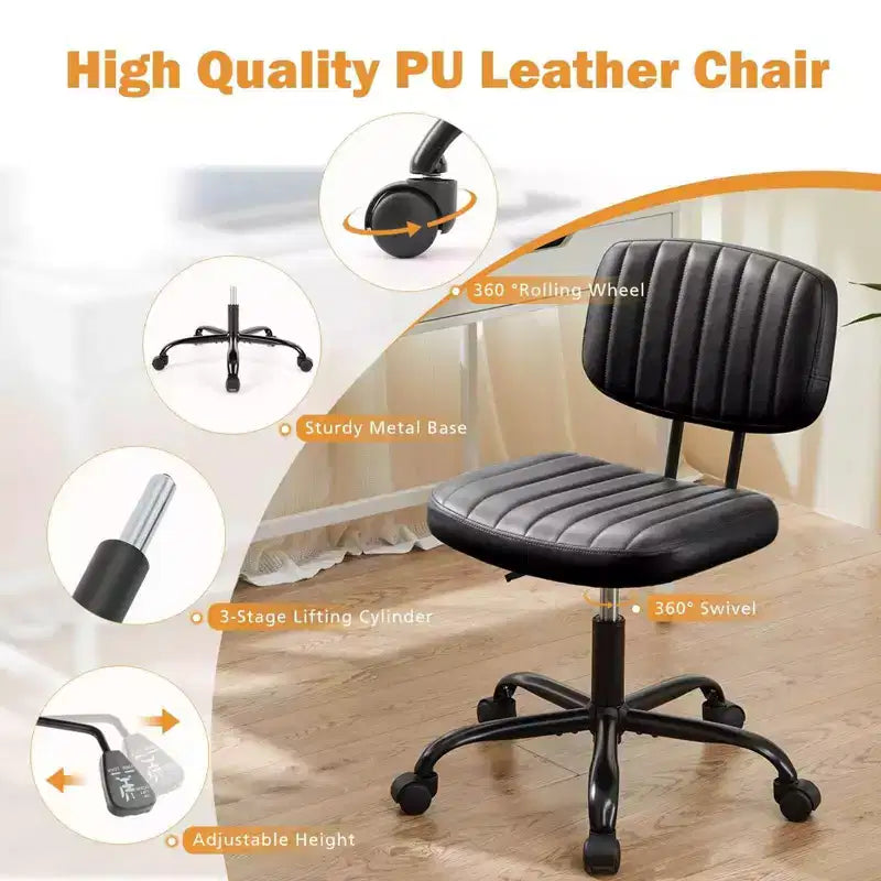 Chaise ergonomique sans accoudoirs : pivotante à 360°, à roulettes, réglable en hauteur pour tâches informatiques