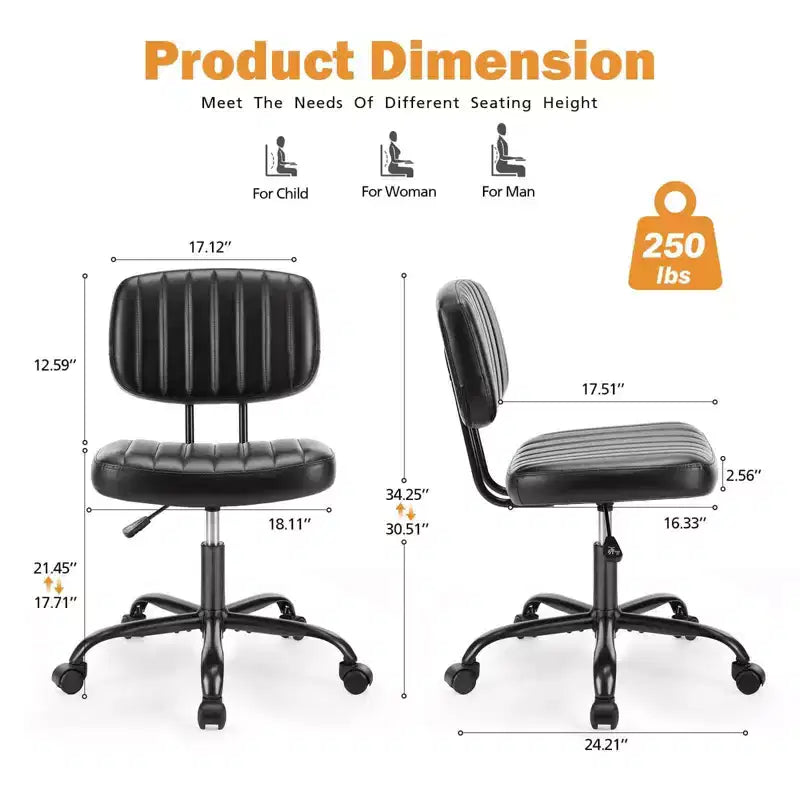 Chaise ergonomique sans accoudoirs : pivotante à 360°, à roulettes, réglable en hauteur pour tâches informatiques