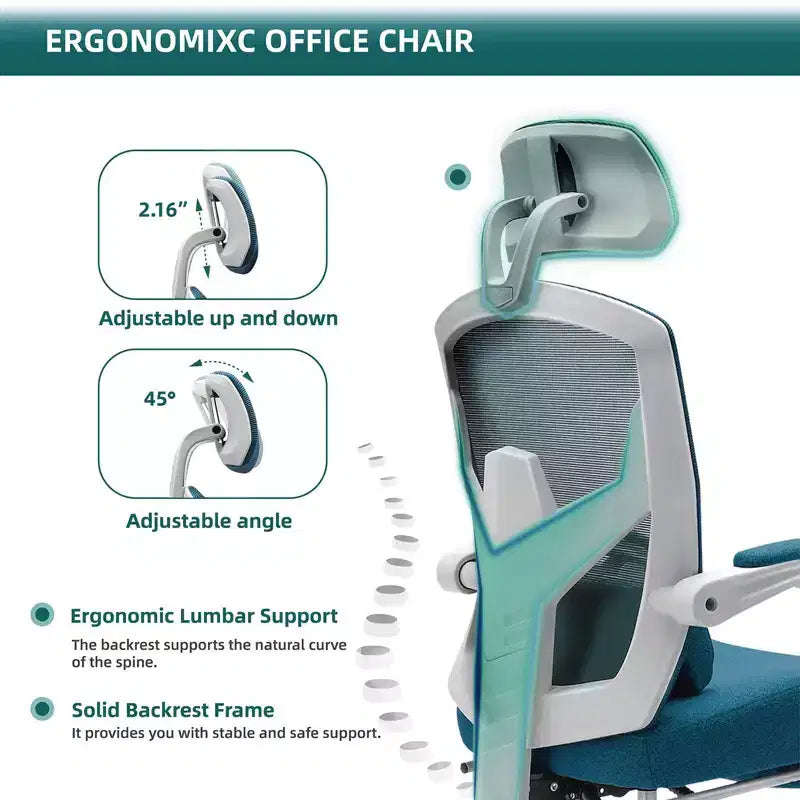 Chaise de bureau ergonomique avec pivot, repose-pieds rétractable, coussin de soutien lombaire et accoudoirs rembourrés