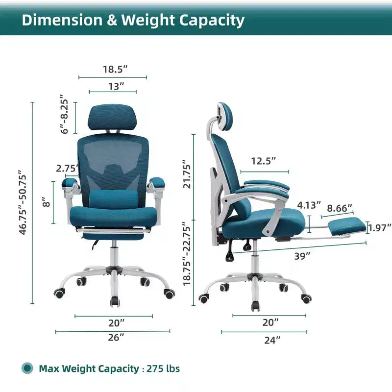 Chaise de bureau ergonomique avec pivot, repose-pieds rétractable, coussin de soutien lombaire et accoudoirs rembourrés