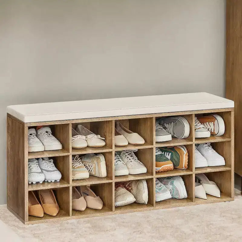 Banc à chaussures avec coussin et 15 compartiments de rangement, banc à chaussures pour entrée, 30 x 105 x 48 cm