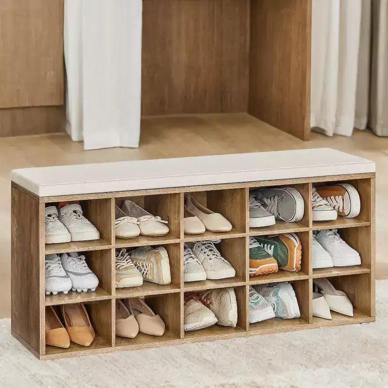 Banc à chaussures avec coussin et 15 compartiments de rangement, banc à chaussures pour entrée, 30 x 105 x 48 cm