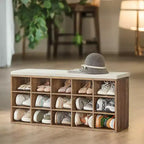 Banc à chaussures avec coussin et 15 compartiments de rangement, banc à chaussures pour entrée, 30 x 105 x 48 cm