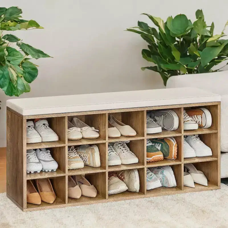 Banc à chaussures avec coussin et 15 compartiments de rangement, banc à chaussures pour entrée, 30 x 105 x 48 cm