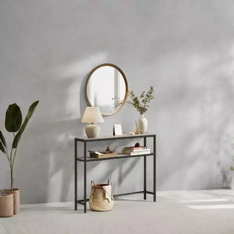 Console LEDREM bicolore gris-beige et noir encre. Une table d'entrée étroite à 2 niveaux de 20 x 100 x 80 cm avec 2 étagères. Table de canapé