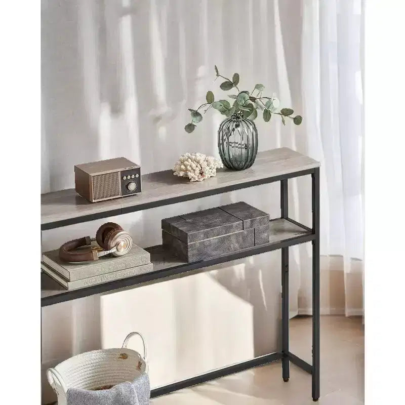 Console LEDREM bicolore gris-beige et noir encre. Une table d'entrée étroite à 2 niveaux de 20 x 100 x 80 cm avec 2 étagères. Table de canapé