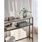 Console LEDREM bicolore gris-beige et noir encre. Une table d'entrée étroite à 2 niveaux de 20 x 100 x 80 cm avec 2 étagères. Table de canapé