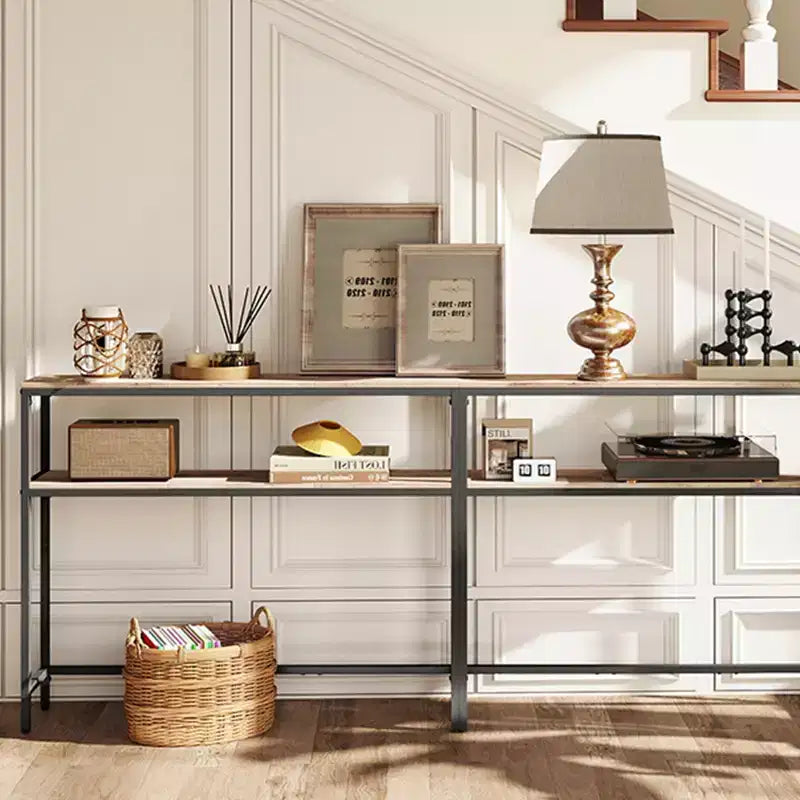 Console LEDREM bicolore gris-beige et noir encre. Une table d'entrée étroite à 2 niveaux de 20 x 100 x 80 cm avec 2 étagères. Table de canapé
