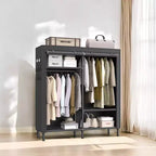 LEDREM Organiseur de placard portable autoportant, placard de rangement robuste de 165 cm avec housse, 2 tringles de suspension, 3 étagères, 4 poches latérales