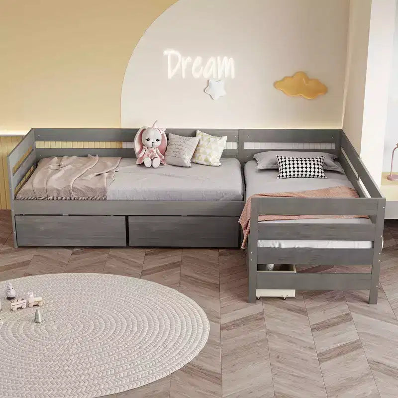 Lit de repos d'angle double avec 3 tiroirs de rangement, cadre de lit en bois - ModernLuxe