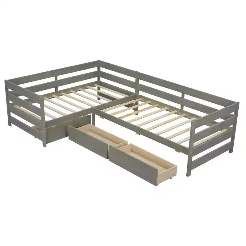 Lit de repos d'angle double avec 3 tiroirs de rangement, cadre de lit en bois - ModernLuxe