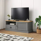 vidaXL Meuble TV en pin massif VIGO - Meuble TV gris avec tiroir, accents métalliques, 106x40x40 cm, idéal pour le salon et la chambre à coucher