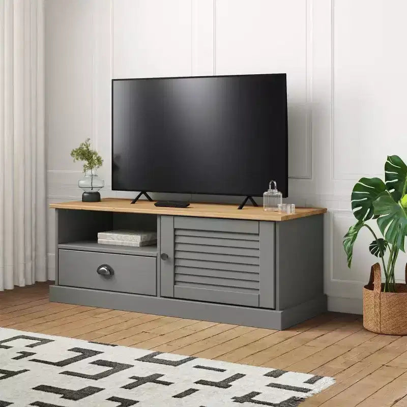 vidaXL Meuble TV en pin massif VIGO - Meuble TV gris avec tiroir, accents métalliques, 106x40x40 cm, idéal pour le salon et la chambre à coucher