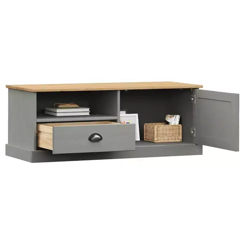 vidaXL Meuble TV en pin massif VIGO - Meuble TV gris avec tiroir, accents métalliques, 106x40x40 cm, idéal pour le salon et la chambre à coucher