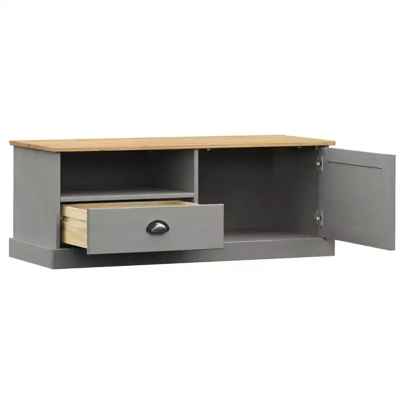 vidaXL Meuble TV en pin massif VIGO - Meuble TV gris avec tiroir, accents métalliques, 106x40x40 cm, idéal pour le salon et la chambre à coucher