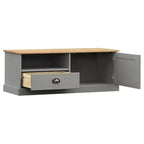 vidaXL Meuble TV en pin massif VIGO - Meuble TV gris avec tiroir, accents métalliques, 106x40x40 cm, idéal pour le salon et la chambre à coucher
