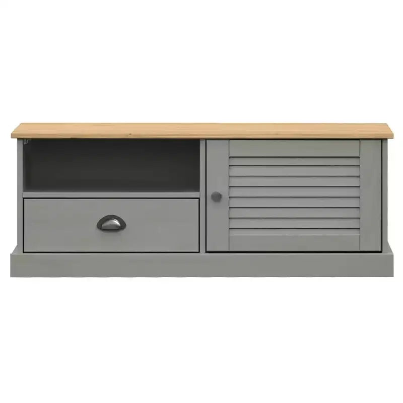 vidaXL Meuble TV en pin massif VIGO - Meuble TV gris avec tiroir, accents métalliques, 106x40x40 cm, idéal pour le salon et la chambre à coucher