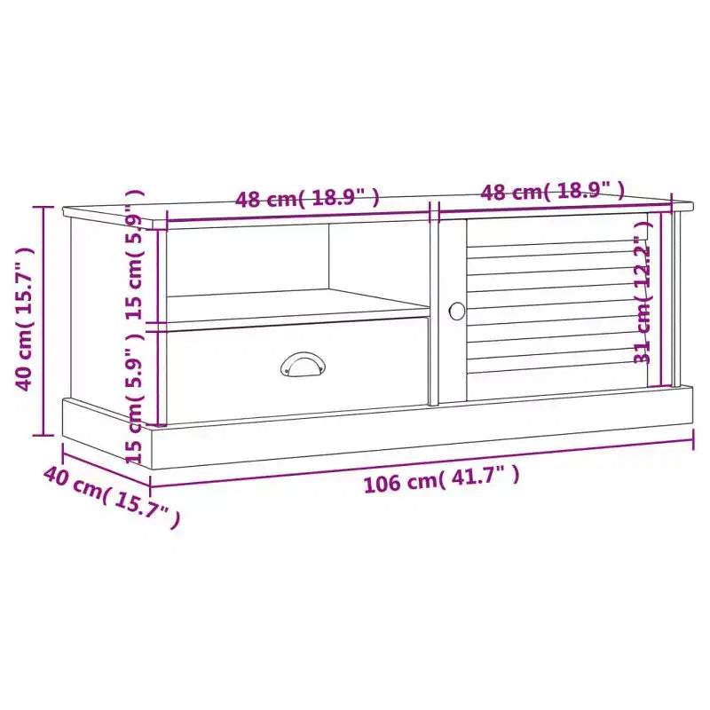 vidaXL Meuble TV en pin massif VIGO - Meuble TV gris avec tiroir, accents métalliques, 106x40x40 cm, idéal pour le salon et la chambre à coucher