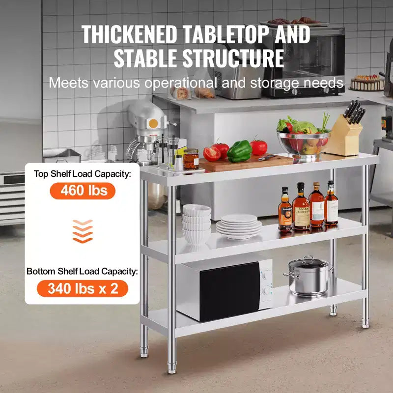Table de préparation alimentaire en acier inoxydable VEVOR, table de travail de cuisine commerciale de 35,5 x 122 x 86 cm, avec 2 étagères inférieures réglables, table de préparation robuste