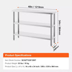 Table de préparation alimentaire en acier inoxydable VEVOR, table de travail de cuisine commerciale de 35,5 x 122 x 86 cm, avec 2 étagères inférieures réglables, table de préparation robuste