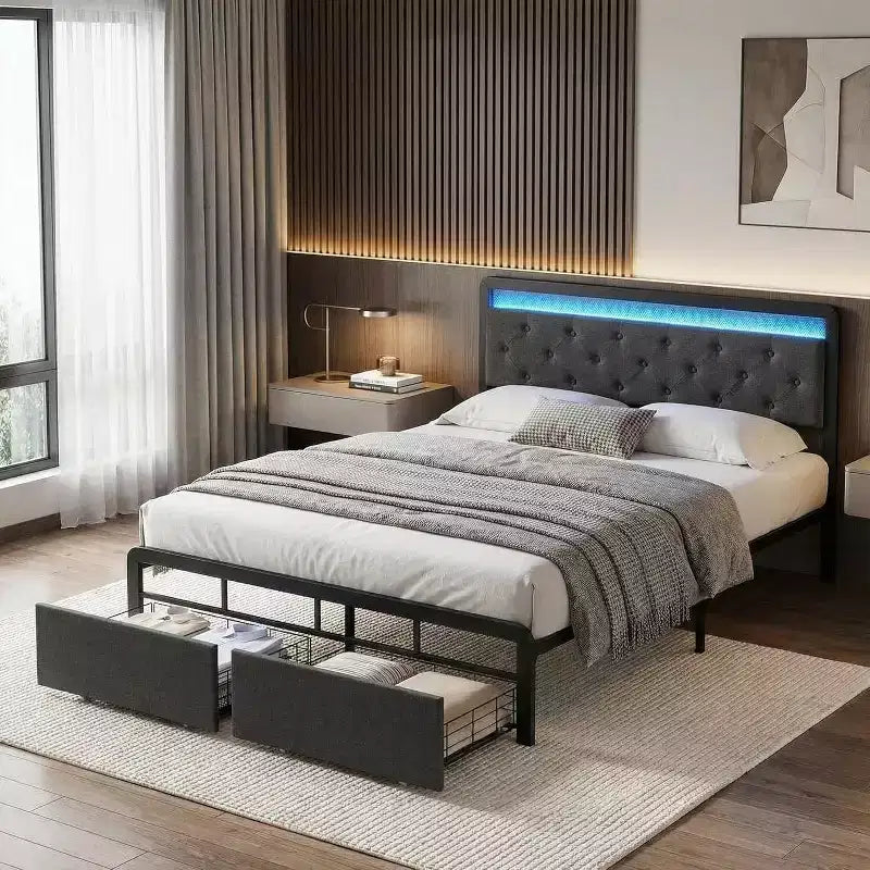 Garvee Queen/FULL Bed Frame with 2 Storage Drawers, LED Lights Upholstered Platform Bed with Heavy Duty Metal Slats, No Box Spring Needed, Noise Free