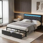 Garvee Queen/FULL Bed Frame with 2 Storage Drawers, LED Lights Upholstered Platform Bed with Heavy Duty Metal Slats, No Box Spring Needed, Noise Free