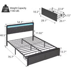 Cadre de lit Garvee Queen/Double avec 2 tiroirs de rangement, lit plateforme rembourré avec lumières LED et lattes métalliques robustes, pas besoin de sommier, silencieux