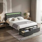 Cadre de lit Garvee Queen/Double avec 2 tiroirs de rangement, lit plateforme rembourré avec lumières LED et lattes métalliques robustes, pas besoin de sommier, silencieux