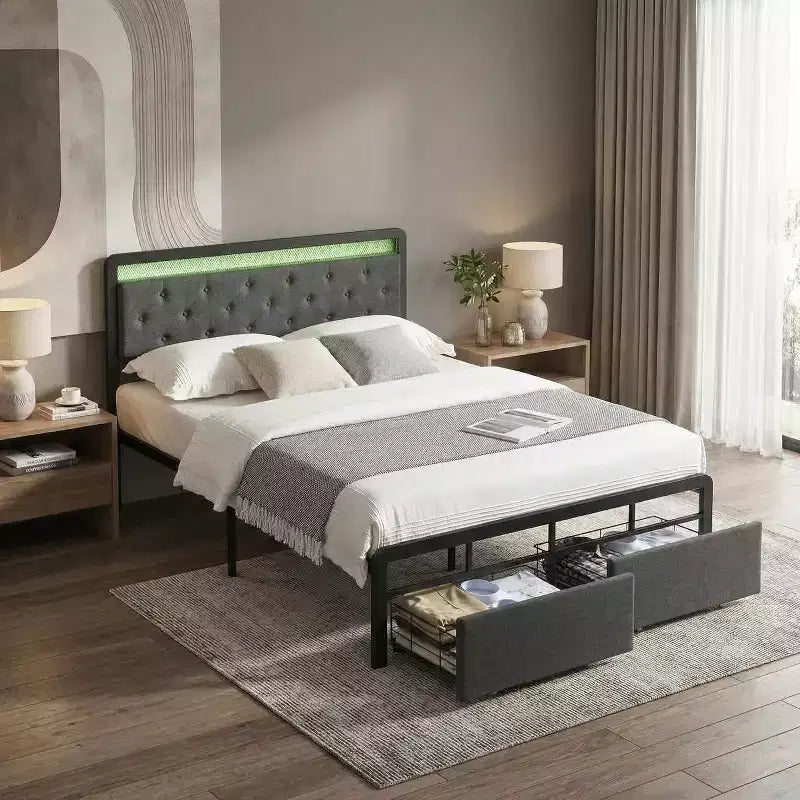 Cadre de lit Garvee Queen/Double avec 2 tiroirs de rangement, lit plateforme rembourré avec lumières LED et lattes métalliques robustes, pas besoin de sommier, silencieux