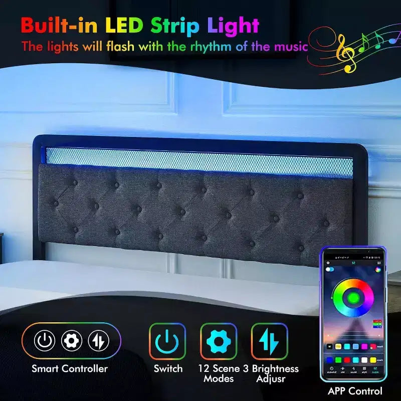 Cadre de lit Garvee Queen/Double avec 2 tiroirs de rangement, lit plateforme rembourré avec lumières LED et lattes métalliques robustes, pas besoin de sommier, silencieux