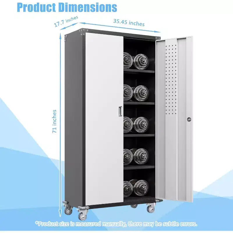 Armoires de rangement de garage, Armoire de rangement métallique de 180 cm avec roulettes, avec 2 portes verrouillables, 4 étagères réglables et panneau perforé pour garage et bureau à domicile