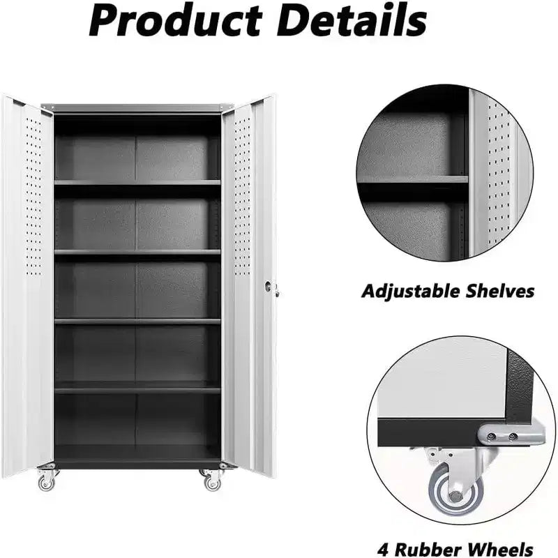 Armoires de rangement de garage, Armoire de rangement métallique de 180 cm avec roulettes, avec 2 portes verrouillables, 4 étagères réglables et panneau perforé pour garage et bureau à domicile