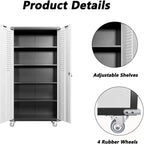 Armoires de rangement de garage, Armoire de rangement métallique de 180 cm avec roulettes, avec 2 portes verrouillables, 4 étagères réglables et panneau perforé pour garage et bureau à domicile