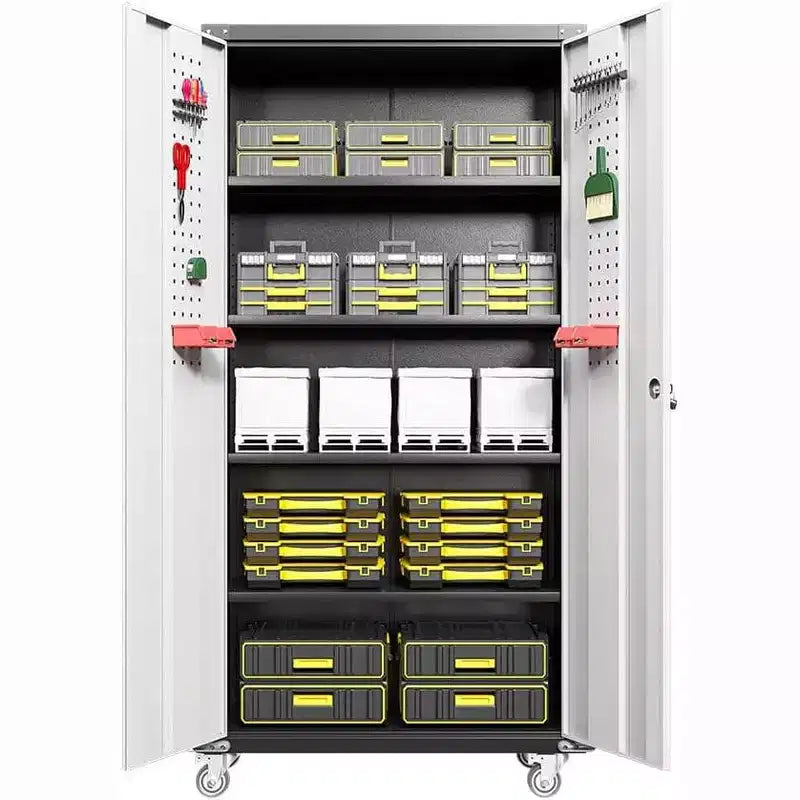 Armoires de rangement de garage, Armoire de rangement métallique de 180 cm avec roulettes, avec 2 portes verrouillables, 4 étagères réglables et panneau perforé pour garage et bureau à domicile
