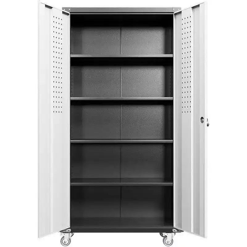 Armoires de rangement de garage, Armoire de rangement métallique de 180 cm avec roulettes, avec 2 portes verrouillables, 4 étagères réglables et panneau perforé pour garage et bureau à domicile