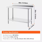VEVOR Table de Travail en Acier Inoxydable 24 x 48 x 36 Pouces, Table de Préparation Commerciale Robuste, Table de Travail en Métal à Hauteur Réglable