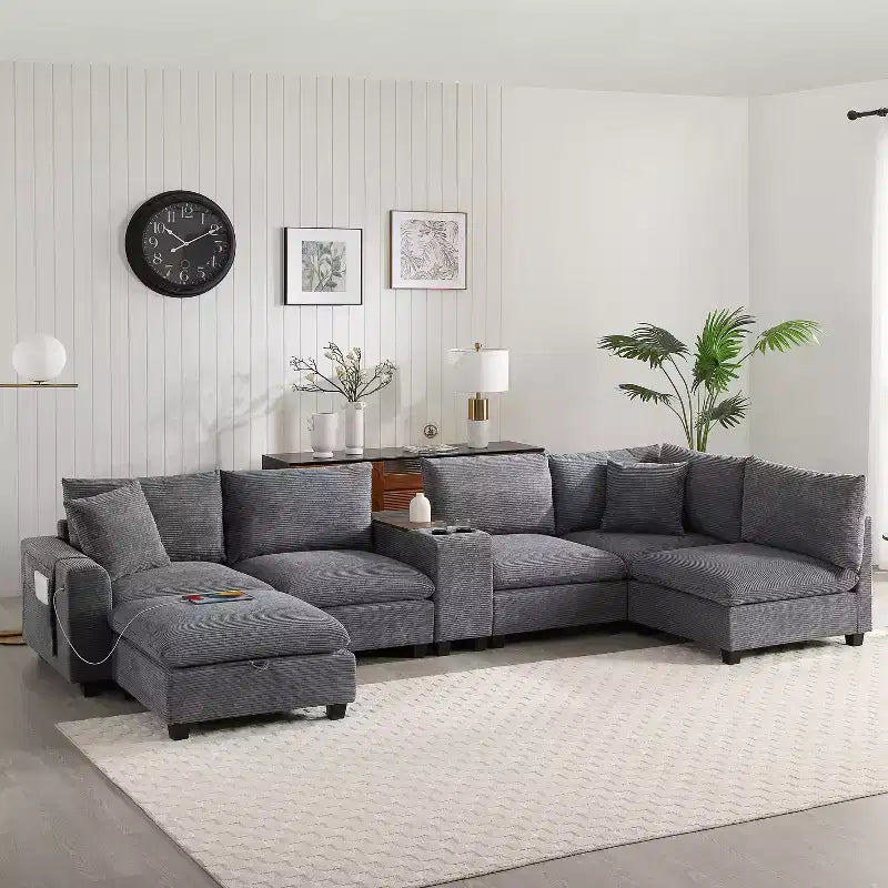Canapé d'angle moderne 4 places en chenille Whisen avec pouf, ensemble de canapés modulaires en forme de L avec coussins décoratifs
