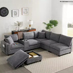 Canapé d'angle moderne 4 places en chenille Whisen avec pouf, ensemble de canapés modulaires en forme de L avec coussins décoratifs