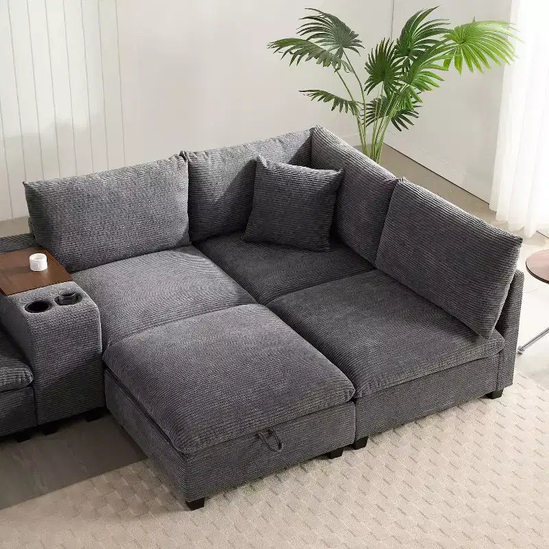 Canapé d'angle moderne 4 places en chenille Whisen avec pouf, ensemble de canapés modulaires en forme de L avec coussins décoratifs