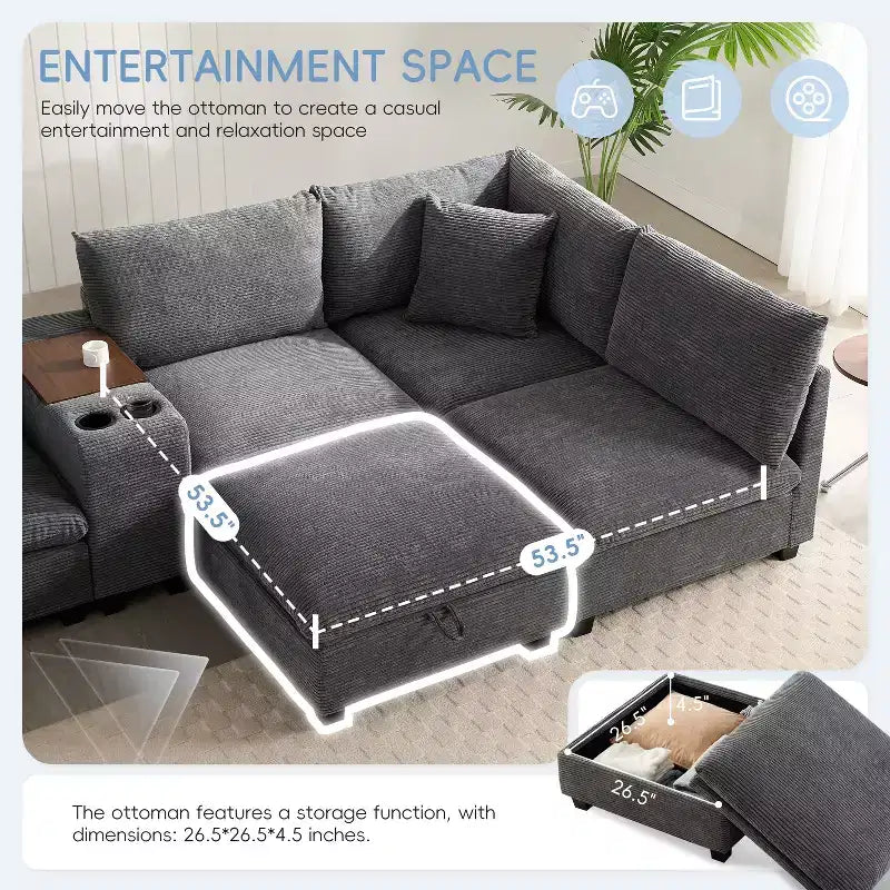Canapé d'angle moderne 4 places en chenille Whisen avec pouf, ensemble de canapés modulaires en forme de L avec coussins décoratifs