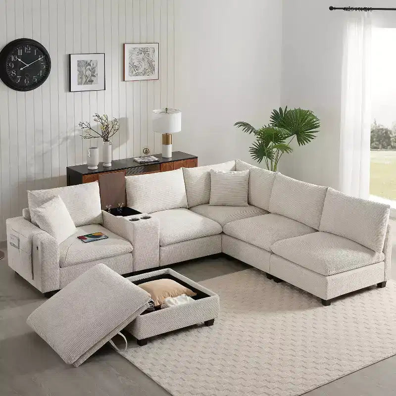 Canapé d'angle moderne 4 places en chenille Whisen avec pouf, ensemble de canapés modulaires en forme de L avec coussins décoratifs