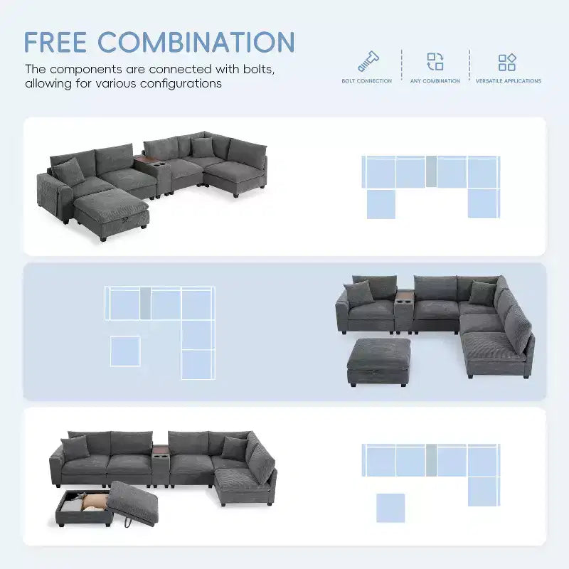 Canapé d'angle moderne 4 places en chenille Whisen avec pouf, ensemble de canapés modulaires en forme de L avec coussins décoratifs
